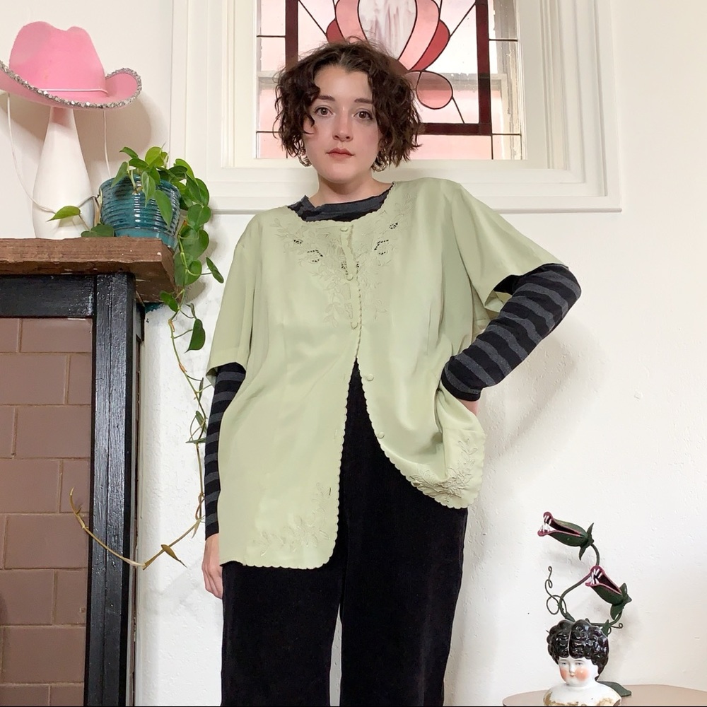 Vintage 1960s Sage Green Silky Embroidered Blouse